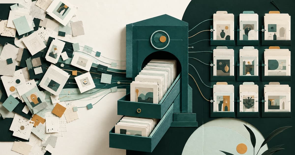 Paper creative references moving from scattered fragments into an organized teal archive