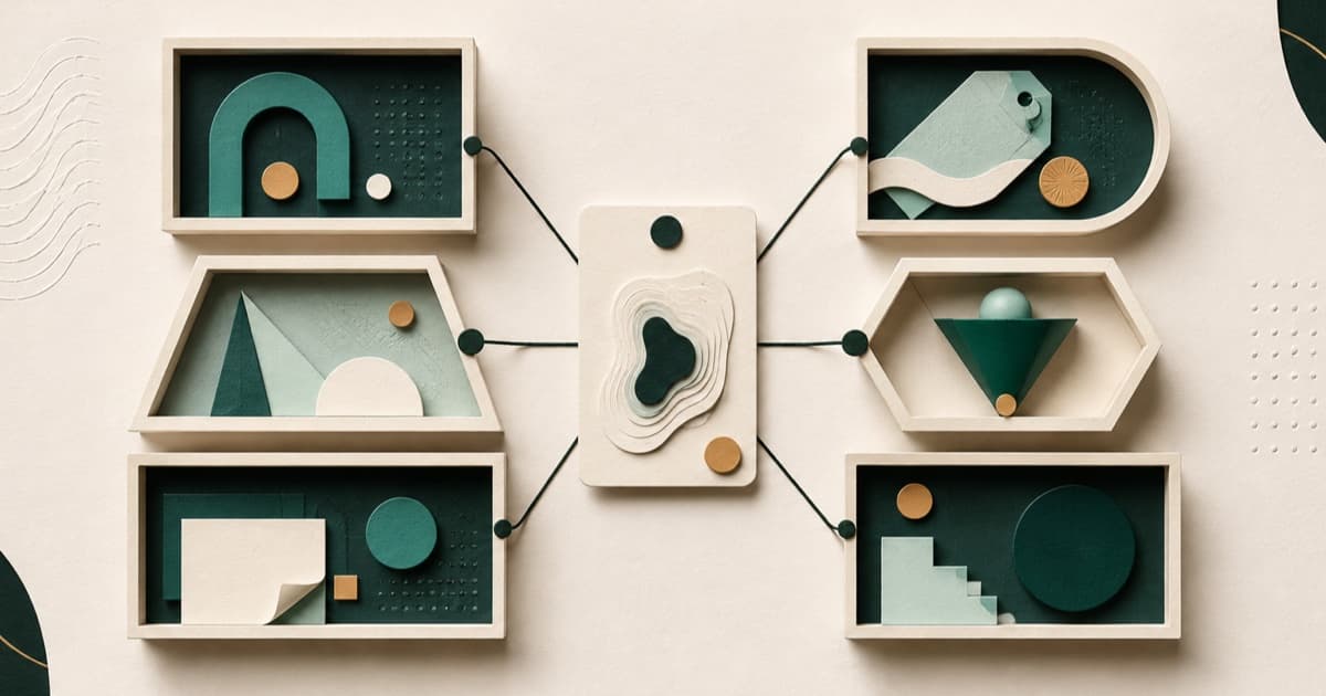 A central creative card connected to six organized editorial compartments