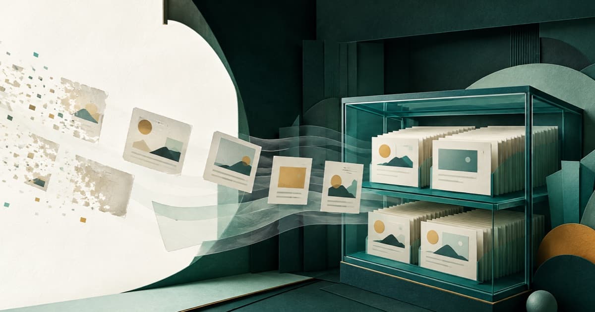 Fading paper references moving into a protected teal archival cabinet