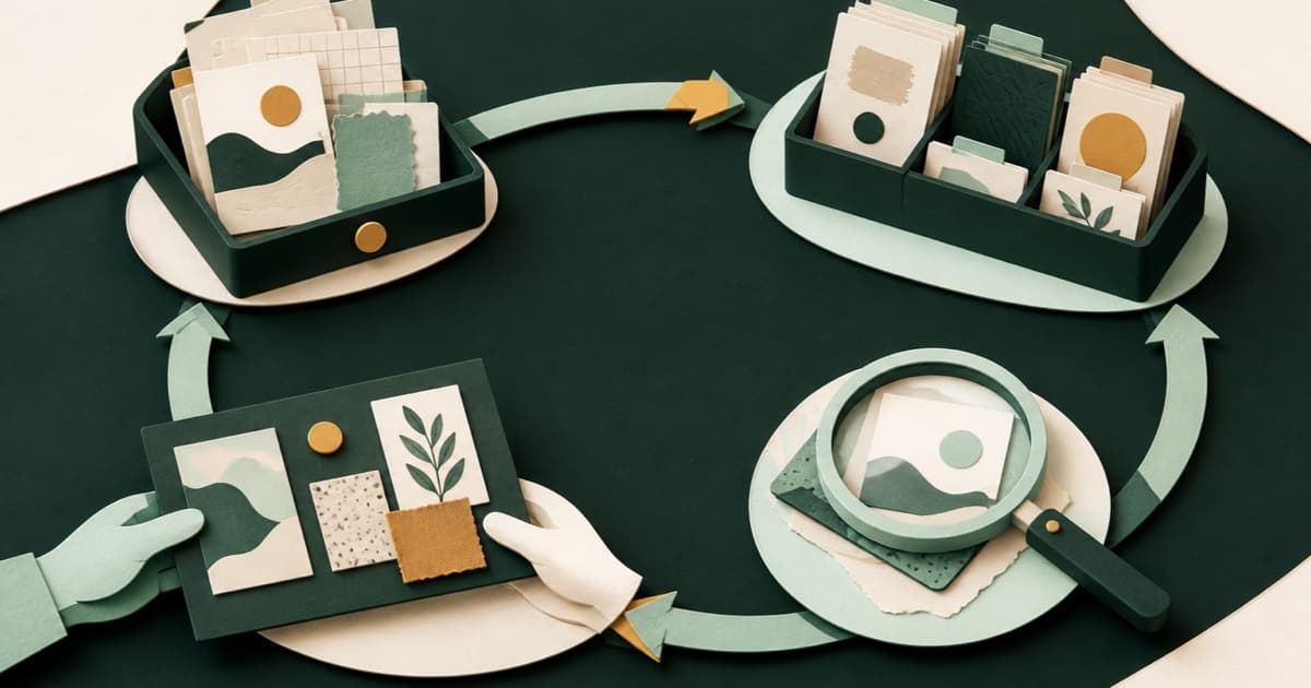 Four tactile creative-research stations connected in a continuous loop