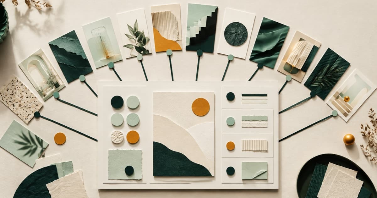 A curated arc of reference cards converging into one central creative brief board