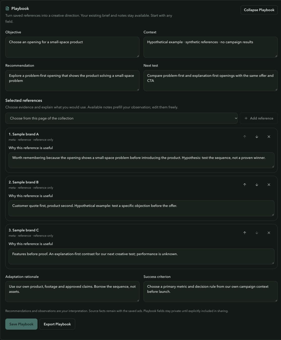 SwipeTrove private Playbook draft for a hypothetical small-space product test, with a recommendation and selected synthetic evidence