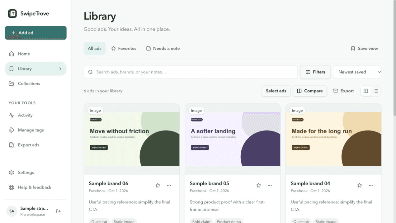 SwipeTrove Library showing saved ad references, research notes, favorites, search, filters, and comparison tools