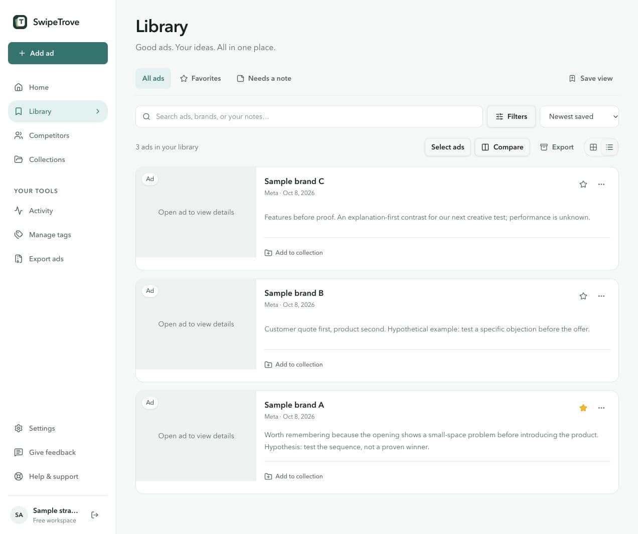 SwipeTrove Library with three synthetic product references, personal research notes, search, and comparison controls